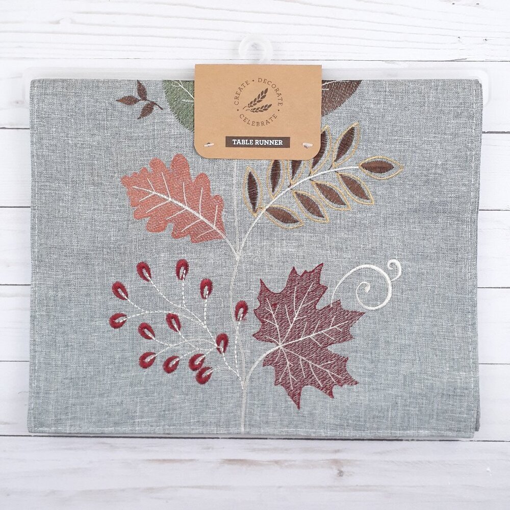 Fall Embroidered Table Runner 14x72 Marvelous Leaves Gray